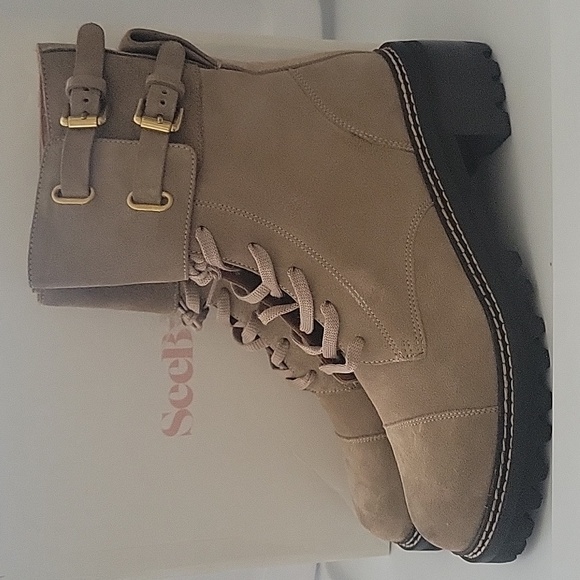 See By Chloe Mallory Beige Combat Lace-Up Boots - Picture 6 of 12